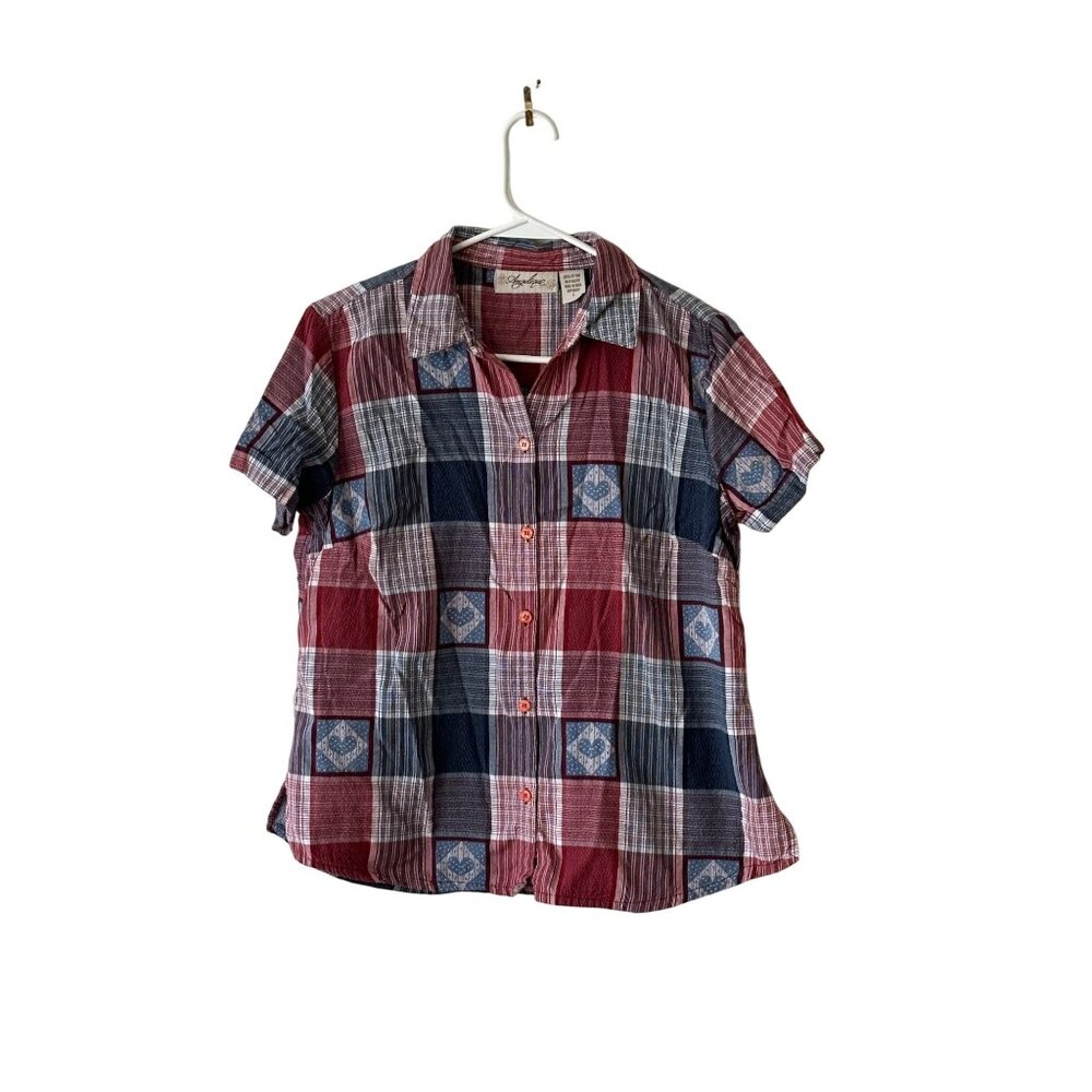 Vintage Angelique Red/Blue Plaid Short Sleeve Button-Up Shirt 100% Cotton Size L